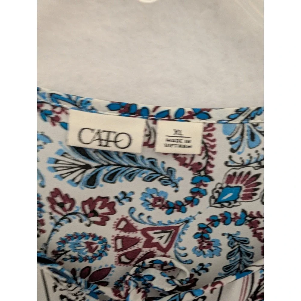 Cato Womens XL Paisley Floral Bell Sleeve Blouse Blue Burgundy Tie Neck Top